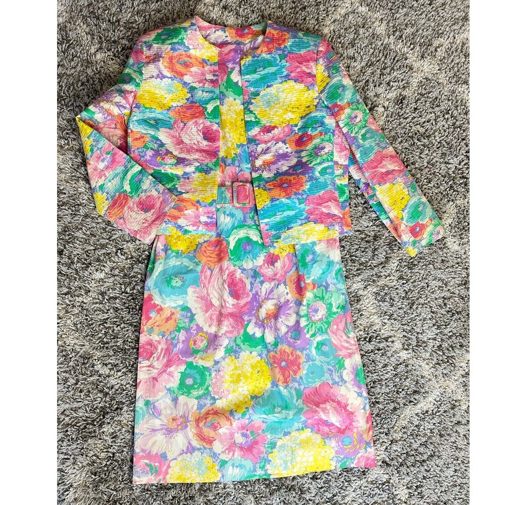 Vintage Margaret Smith Dress Jacket Set Outfit Pastel Floral Easter 10 Belt 60s